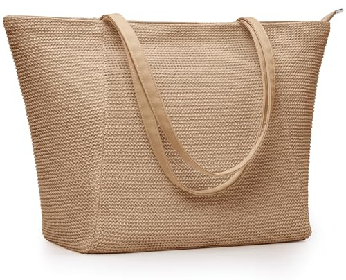 KALIDI Straw Beach Bag for Women Straw Tote Bag with Zip Large Handbag Summer Holiday Bag