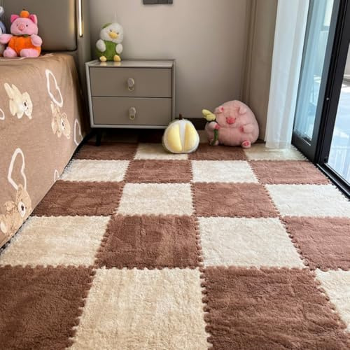 12Pcs Interlocking Carpet Tiles,12x 12 Plush Interlocking Foam Carpet Tiles with Border,Fluffy Play Mat Floor Tiles Thick Padded Squares Foam Tiles for Playroom Decor (Khaki+Coffee)