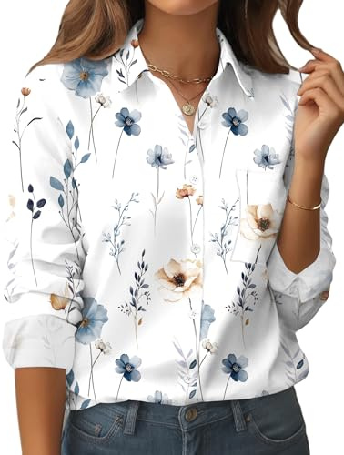 Zeagoo Blouses for Women Business Casual Button Down White Long Sleeve Floral Shirts Outfit Flower Business Casual Tops