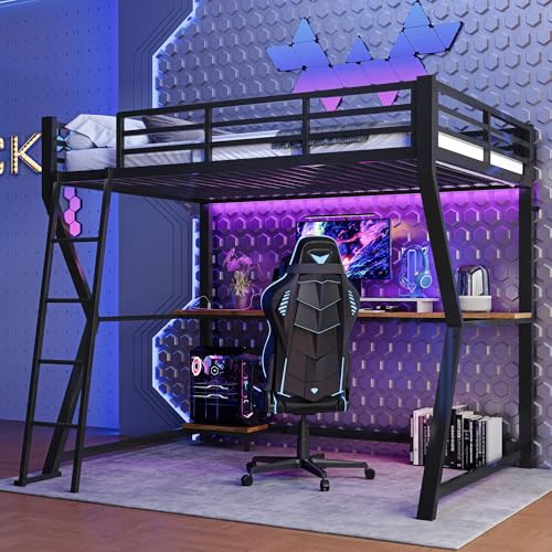 Cama alta 90 x 200 cm con luz ambiental a distancia y USB, cama alta con estante para consola de ordenador y escritorio, cama individual con escalera y barandilla, negro (sin colchón)