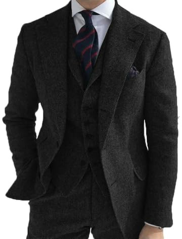 QXWD Herr Business 3-delade kostymer grön ull retro fiskbensmönster Brudgum Tweed smoking för bröllop (kavaj+byxor+väst)