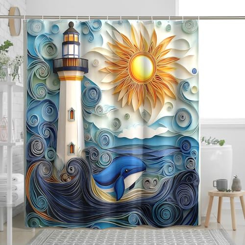 DESIHOM Paper Quilling Sea Whale Shower Curtain Set, 3D Nautical Lighthouse Shower Curtain, Ocean Bathroom Accessories, Fabric Decorative -78 Inch