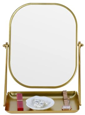 Tstarer 360 Degrees Rotating Metal Makeup Mirror with Storage, Vanity Mirror for Desk, Bathroom, Bedroom, Dressing Table (Gold)