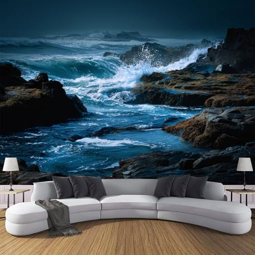 MIATCENRT Papel Tapiz Fotográfico Paisaje Natural, 150Anx105Al cm Fondo de Pantalla Olas Rocas Papel Pintado, Decoración de Pared para Sala Restaurante Cuarto Oficina Salón, Azul oscuro