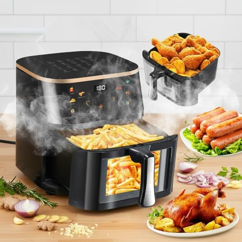 9L Air Fryer With Visual Window, Family Sized, 6-In-1 Cooking Presets, Smart Touch Screen, Timer Function, Dishwasher-Safe, Healthy Oil Free & Low Fat Cooking, Black