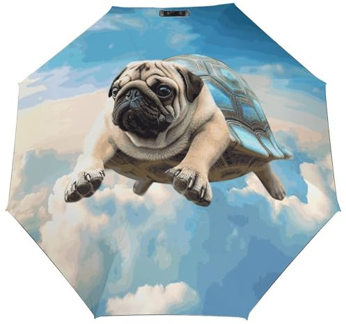 Paraguas divertido con diseño de , perro pug y sombrero en el cielo, resistente al viento, compacto, plegable y ligero, ideal para viajes, lluvia y sol. 8 varillas. Incluye funda para coche y mochila