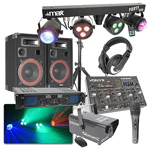 MAX Bluetooth DJ Komplettset 500 W – 2X 8 3-Wege Lautsprecher - 500 Watt Verstärker - 8 Kanal Mixer mit Bluetooth, USB, SD - LED Parbar Lichtorgel, 500 W Nebelmaschine, Mikrofon Kopfhörer Kabel