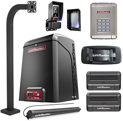 Liftmaster CSL24U / CSL24UL Slide Gate Opener Kit W/Battery Back-Up, 2 Remotes, 828LM Gateway, KPW250 Wireless Keypad & Keypad Pedestal