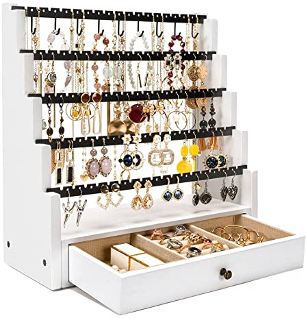 Pinzoveco Earring Organizer, 5 Layer Earring Holder Organizer with Necklace Holder Pole, Rustic Wood Jewelry Organizer Stand Display for Stud Earring Bracelet Necklace Ring, 175 Earring Holes