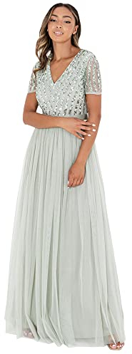 Maya Deluxe Damen Women's Maxi Ladies V-neck Plus Size Ball Gown Short Sleeves Long Elegant Empire Wa Bridesmaid Dress, Green Lily, 46 EU