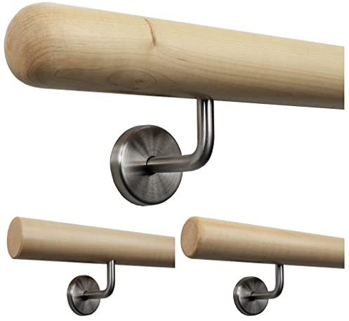 TIBU Handlauf Holz Ahorn Ø 50 mm für Geländer Länge 250 cm + 4 Halter und Enden Halbkugel gefräst
