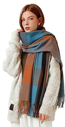 Bakicey Bufanda XXL para mujer, cálida, suave, de punto, a cuadros, bufanda de invierno, bufanda de otoño, bufanda de lana para mujer, bufanda para el cuello, bufanda de poncho, Concha cian, XXXL
