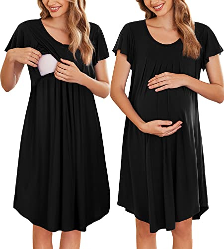 Ekouaer Nursing Nightgown Labor and Delivery Gown Hospital Breastfeeding Dress for Women Short Sleeve Maternity Sleepwear Black Large