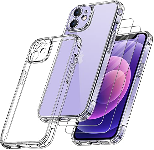 Qasyfanc Handyhülle Kompatibel mit iPhone 12, Hülle mit Kameraschutz und 2 Stück Schutzfolie, Hard PC Nie Vergilbung Case Transparent Militärschutz Kratzfest Fallschutz Schutzhülle, Klar