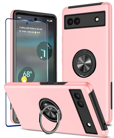 KRAFTCARE Hülle für Google Pixel 6A mit 1 Pack Panzerglas Schutzfolie, Handyhülle mit Eingebetteter 360° Grad Ring, Magnetische Schutzhülle Stoßfest Cover Case für Google Pixel 6A,Rosa