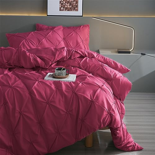 DXHOME Bettwäsche Weinrot 135x200 cm Pintuck Plisseefalten Bettdeckenbezug Set Microfaser Luxus Bettbezug Set Atmungsaktiv Leicht Weich Bettbezug mit Reißverschluss + 1 Kissenbezug 80x80 cm