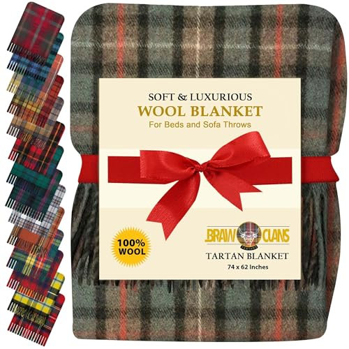 BRAW CLANS TARTANS Decke aus 100 % reiner Wolle, 188 x 157 cm, große Decke, Schottenkaro, Fransen, weich, kariert, gemütlich, Sofa-Überwurf, Camping, Picknick, warme Decke, Winterdecke (Fraser Hunting