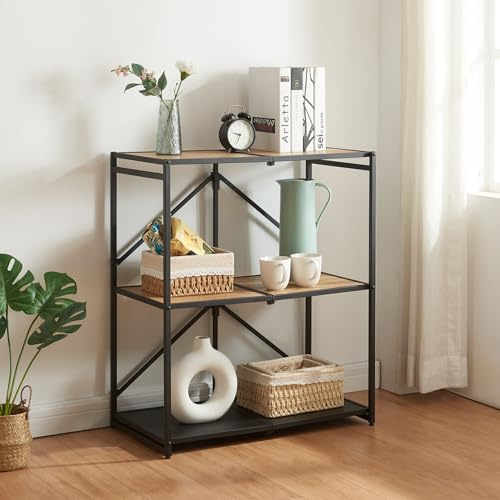 [en.casa] Fällbar hylla Telemark vikbar hylla med 3 hyllor växthylla metall stående hylla bokhylla vikbar hylla blomhylla 81 x 68 x 38 cm svart/ek-utseende
