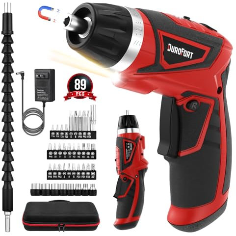 DuroFort Cordless Electric Screwdriver Set, 8V Rechargeable Screwdriver Kit with 89pcs Accessories, 10+1 Torque Settings, 2 Position Handle, 1/4” Magnetic Chuck, Battery Indicator, Flexible Shaft, LED