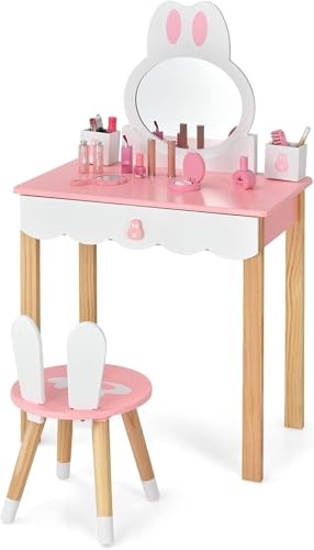 FANTASK Coiffeuse pour Enfant avec Tabouret, Coiffeuse de Princesse, Rose et Blanc, Coiffeuse avec tiroirs Miroir et boîte de Rangement pour Fille