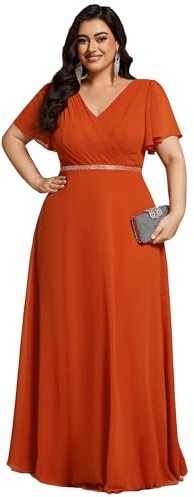Ever-Pretty Robe Femme de Soirée Longue Col V Manches Courtes Mousseline Taille Empire Chic Orange Caramel 36