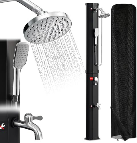 Eulenke Douche solaire de jardin 60 l avec pommeau de douche à effet pluie à 360°, robinet et douchette, eau chaude max. 60 °C, sans raccordement électrique, douche de piscine avec bouchon de vidange