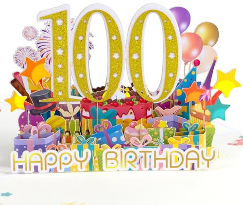 Carte de vœux pop-up 100 ans 0 l avec motif feux d'artifice - Cadeau d'anniversaire 3D pour adulte - Avec carte vierge et enveloppe - Carte de célébration pliable pour maman, papa, grand-mère,