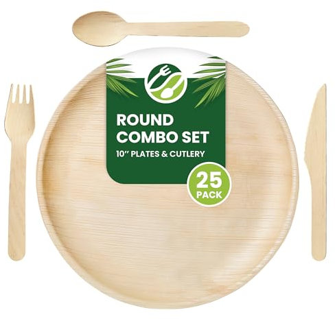 Eco Leaf 100pcs Disposable Palm Leaf Plates and Wooden Cutlery Set – 25 Large Round Plates, 25 Forks, 25 Knives, 25 Spoons – Eco-Friendly, Biodegradable, Perfect for Parties, Events, and Catering