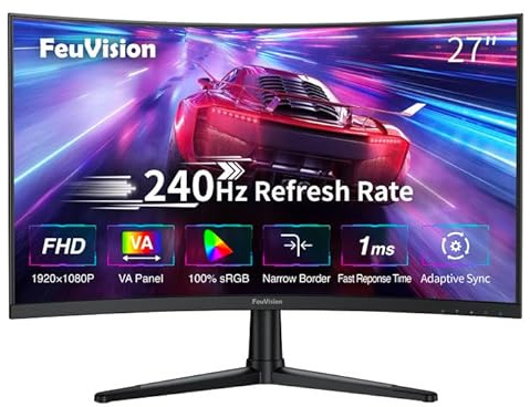 FeuVision 27 Zoll Curved Gaming Monitor, 240Hz, FHD 1080p, PC Monitor, 1ms, VA Panel, FreeSync, Adaptive-Sync, VESA montierbar, Eye-Care, 100% sRGB, Rahmenlos Bildschirm, HDMI, DP