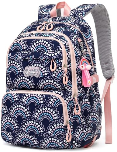 Tanou Sac à Dos pour Filles, Grande Capacité Cartable Fille pour École Primaire College, Léger Sac a Dos Scolaire à la Mode et Décontracté avec Pendentif, 24 Litres, Bleu