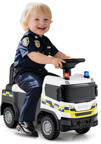 COSTWAY 2-i-1 glidbil, polisbil med ratt, LED-ljus, tuta och musik, glidande bil med förvaringsutrymme, bärbar glidbil för barn från 1 år (vit)