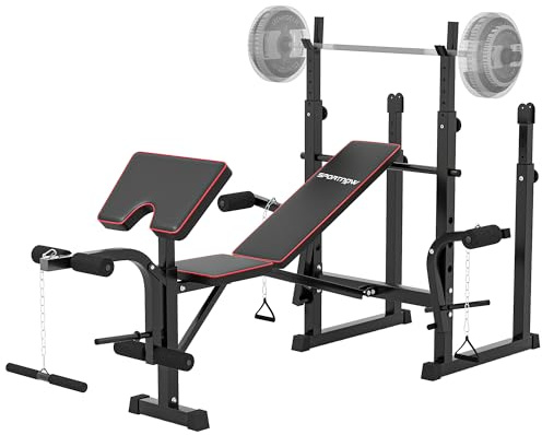 SPORTNOW Weight Bench with Bench Press Rack, Adjustable Preacher Curl Bench, Leg Curl Machine, Incline or Flat Workout Bench for Home Gym Strength Training, Weight Lifting