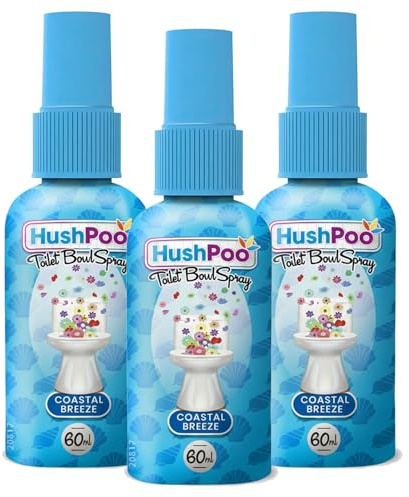 HushPoo Pack of 3 Toilet Bowl Spray 3 x 60ml Coastal Breeze Poop Air Freshener Spray Before You Go for Public Bathrooms, Offices and Home, Travel-Friendly Cleaning Solution for Poo Odours