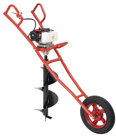 DDTABASE Trivella da 52 cc, scavatrice per pali a 2 tempi, con ruote e trivella, 1,46 kW e 8800 ± 300 giri/min, a benzina, raffreddamento ad aria, monocilindro, nero, rosso