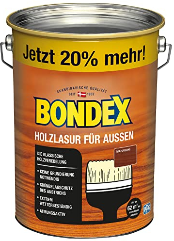 Bondex Barniz para madera para exterior de caoba, 4,8 l, para 62 m², alta intemperie y protección UV, se descascarilla natural, no se astilla, acabado satinado, barniz protector para madera, barniz