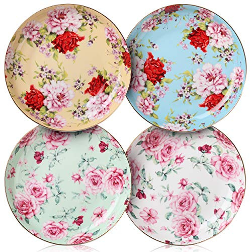 BTaT- Floral Dessert Plates Ceramic, Set of 4, 8 Inch, Assorted Colors with Golden Rim, Deep Porcelain Floral Plates Set of 4, Dishwasher Safe