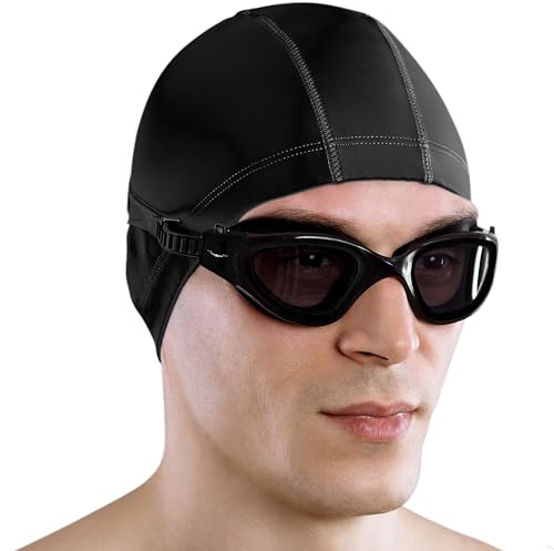 AqtivAqua Polarized Swim Goggles Swimming Goggles for Adult Men Women Kids 6-14 Youth Girls Boys Childrens DX-P (All Black frame, Silver case, Polarised lens)