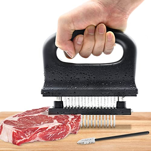 YancLife Batticarne Acciaio Inox, Ago Inteneritore per Carne con con Spazzola di Pulizia e 48 Lame in Acciaio Inossidabile, Strumento Inteneritore di Bistecca per la Lavorazione della Carne