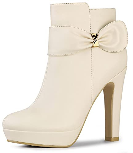 Allegra K Botines de tacón alto grueso con plataforma y decoración de lazo para mujer Beige 38