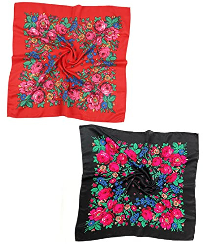 Gudessly 2 PCS Russian Ethnic Scarf Square Head Hair Scarves Printed Cotton Flowe Neck Scarf for Women Girls (Red,BLack)