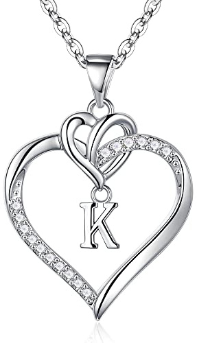 TINGN Heart Initial Necklaces for Women Teen Girls, Dainty Letter K Pendant Necklace 14K White Gold Plated Heart Necklaces for Girlfriend Jewelry for Women Teen Girls Gifts for Mum Wife Girlfriend