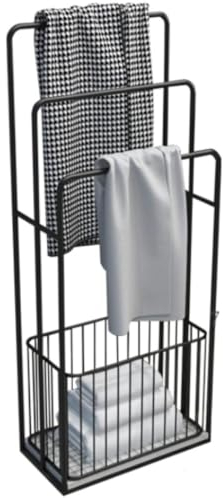 RUVOO Handtuchständer Freistehend Handtuchleiter Stehend Freistehender Handtuchhalter Aus Metall Mit Aufbewahrungskorb. 3-stöckiger Deckenständer Mit Wäschekorb Handtuchhalter Stehend (Color : Siyah)