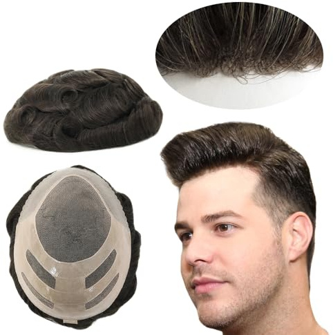 HAIR NATURE Mens Toupee Human Hair Pieces, Durable Hair Replacement Systems for Men Wigs, Fine Mono Hair Unit Bond #3