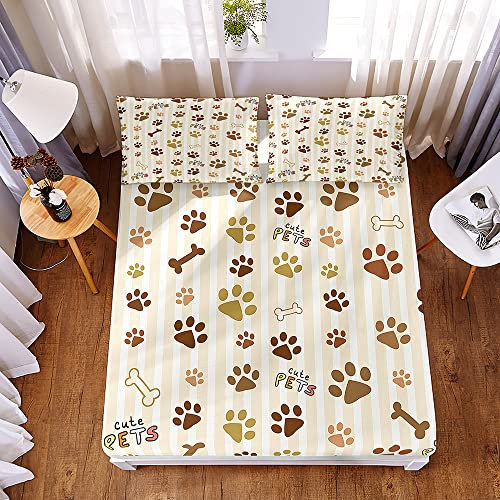 Surwin Spannbettlaken, 3D Hundepfote Spannbetttücher, Mikrofaser Spannbetttuch mit 2 Kissenbezügen, Tiefe Tasche 30 cm, Bettlaken Weich und Bequem, knitterfrei (Gelbe Linie,200x200x30cm)