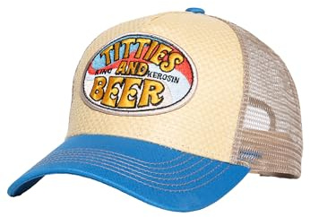 King Kerosin Cappellino da uomo per camionista | paglia, berretto | beer | estate, vintage, 70S | mesh | Hawaii | Patch Titties & Beer, beige., Taglia unica