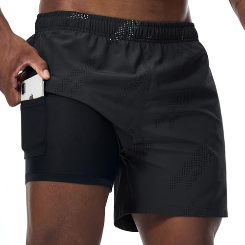 Danfiki Löparshorts för män, gym, 2 i 1 sportshorts, andningsbara, atletiska träningsshorts, kompressionsfoder, utomhus, träningsshorts med fickor, Svart, M