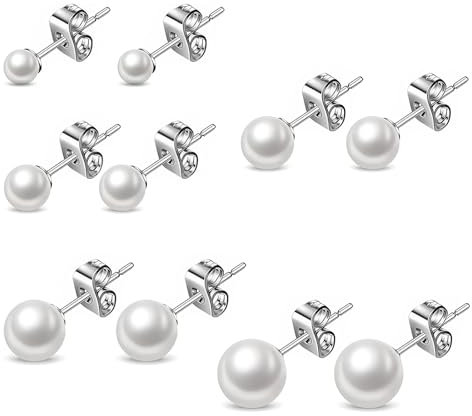 DHWEKU 5 Paar Perlenohrringe Silber 925, Perlenohrringe, Weiße Perlenohrstecker, Damen Ohrstecker, Perlen Ohrringe Damen, Perlenohrstecker mit echten Perlen, Ohrringe Set für Damen Mädchen, 4-8mm