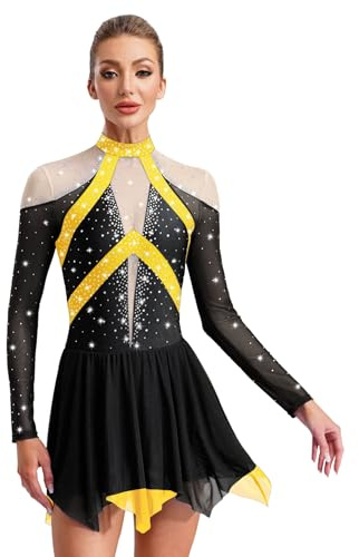 MSemis Vestido de Patinaje Artístico para Mujer Leotardo Gimnasia de Manga Larga con Brillante Maillot con Falda Ballet Vestido de Gimnasia Rítmica S-XXL Negro S