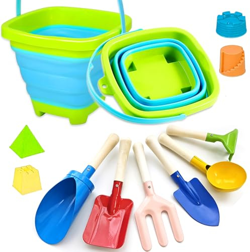 KY-Tech Collapsible Beach Toys Set for Kids, Foldable Beach Bucket and Spade Set, Collapsible Sand Bucket with 6pcs Metal Sand Shovel and 4pcs Sand Moulds for Children Toddles Age 3 4 5