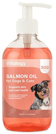 VITTALOGY Aceite de Salmón para Perros y Gatos – Omega 3 Natural – Piel y Pelaje, Articulaciones, Inmunidad – Alta Palatabilidad – 500 ml (1 Bote)